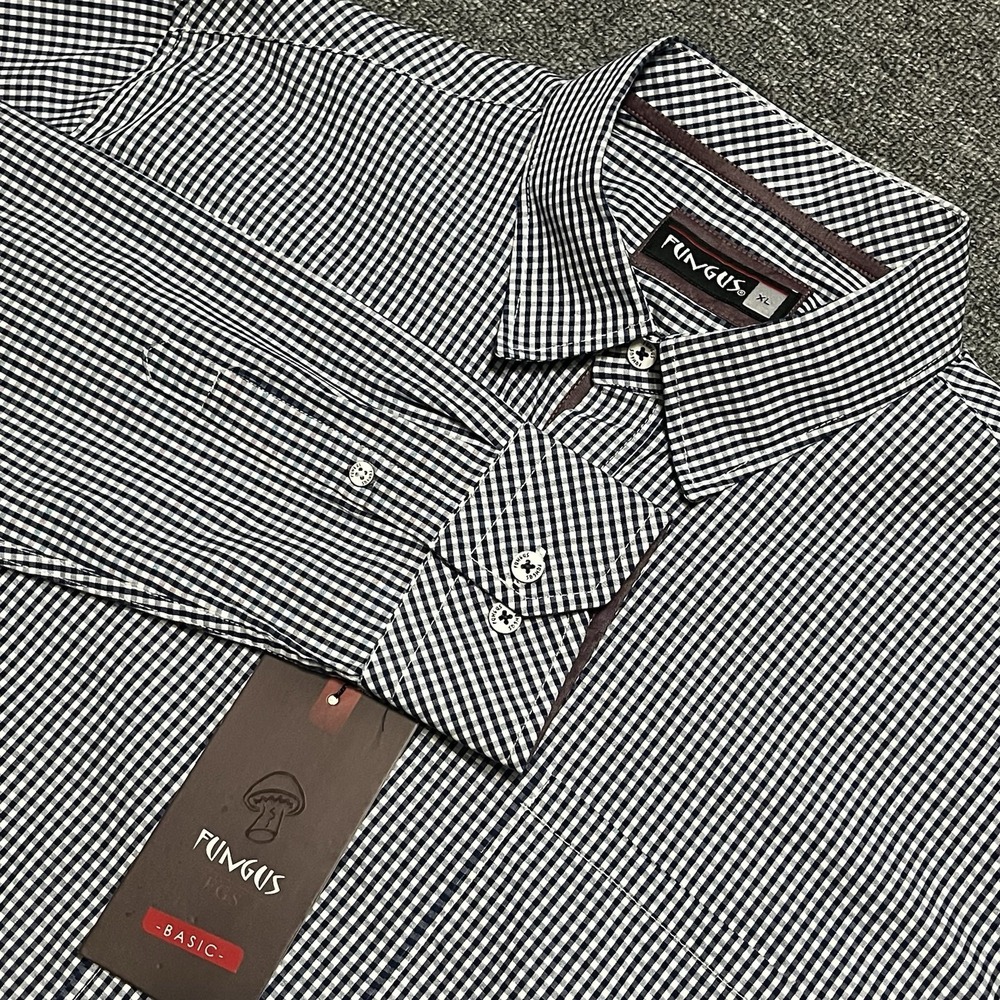 Fungus Basic Navy Blue Gingham Button-Up Long Sleeve Shirt Men's XL NWT